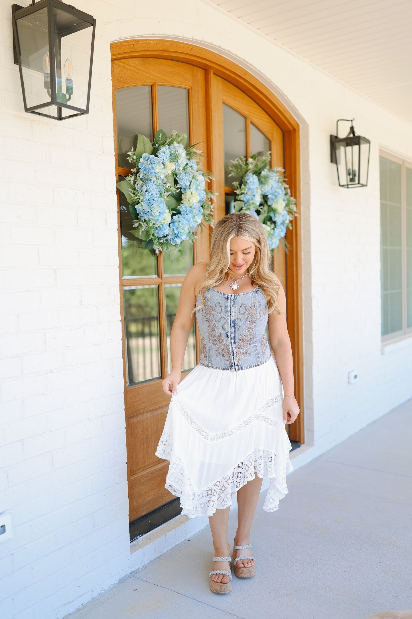 Kaden Sequin Embroidered Denim Corset Top - Light Wash