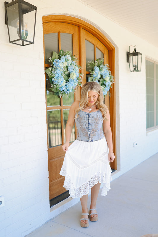 Christian Smocked Lace Hem Skirt - Off White