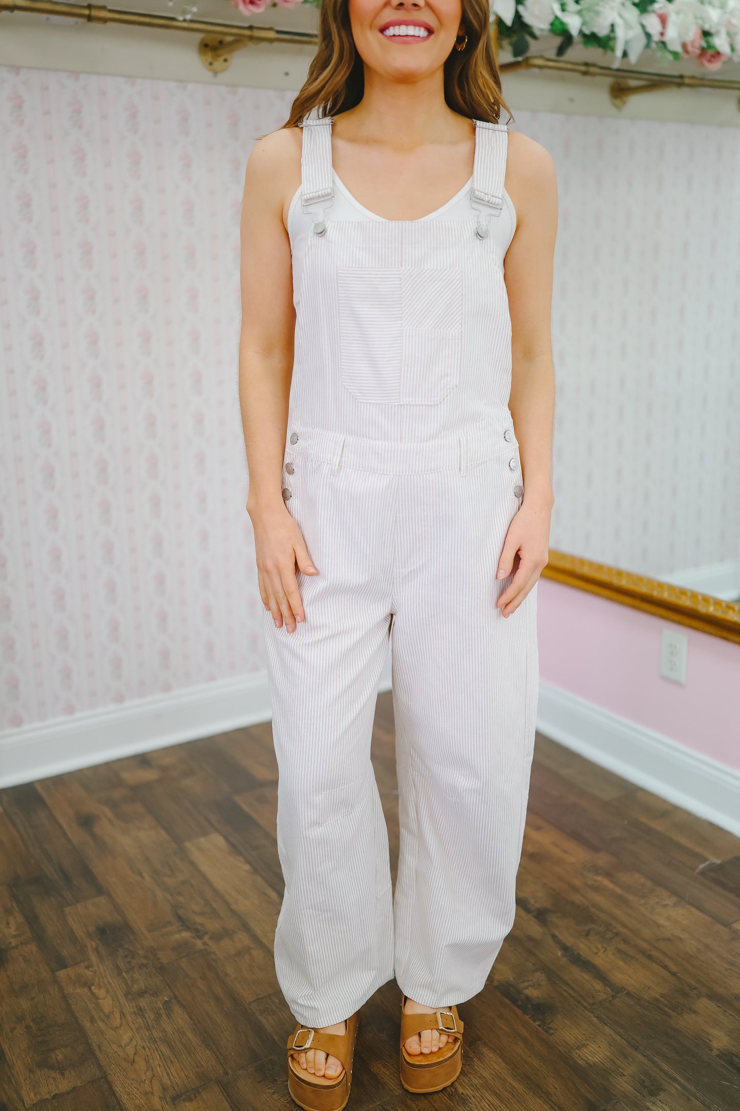 Natalie Striped Barrel Leg Overalls - Lt. Taupe/White