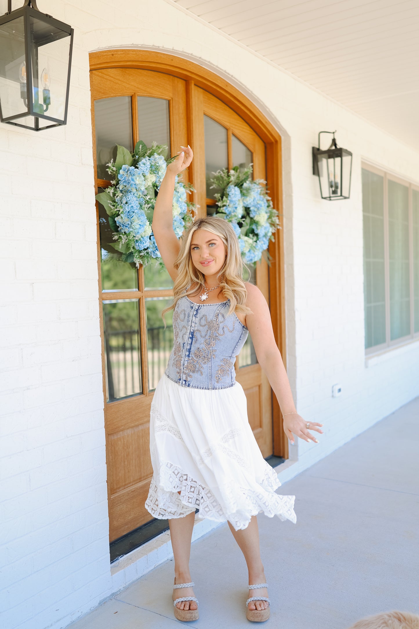 Kaden Sequin Embroidered Denim Corset Top - Light Wash