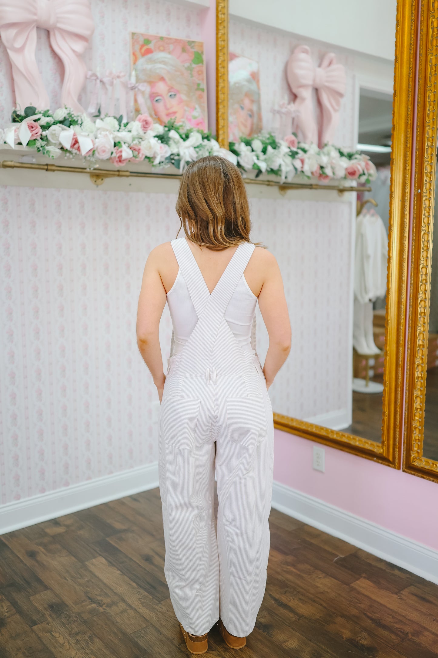 Natalie Striped Barrel Leg Overalls - Lt. Taupe/White