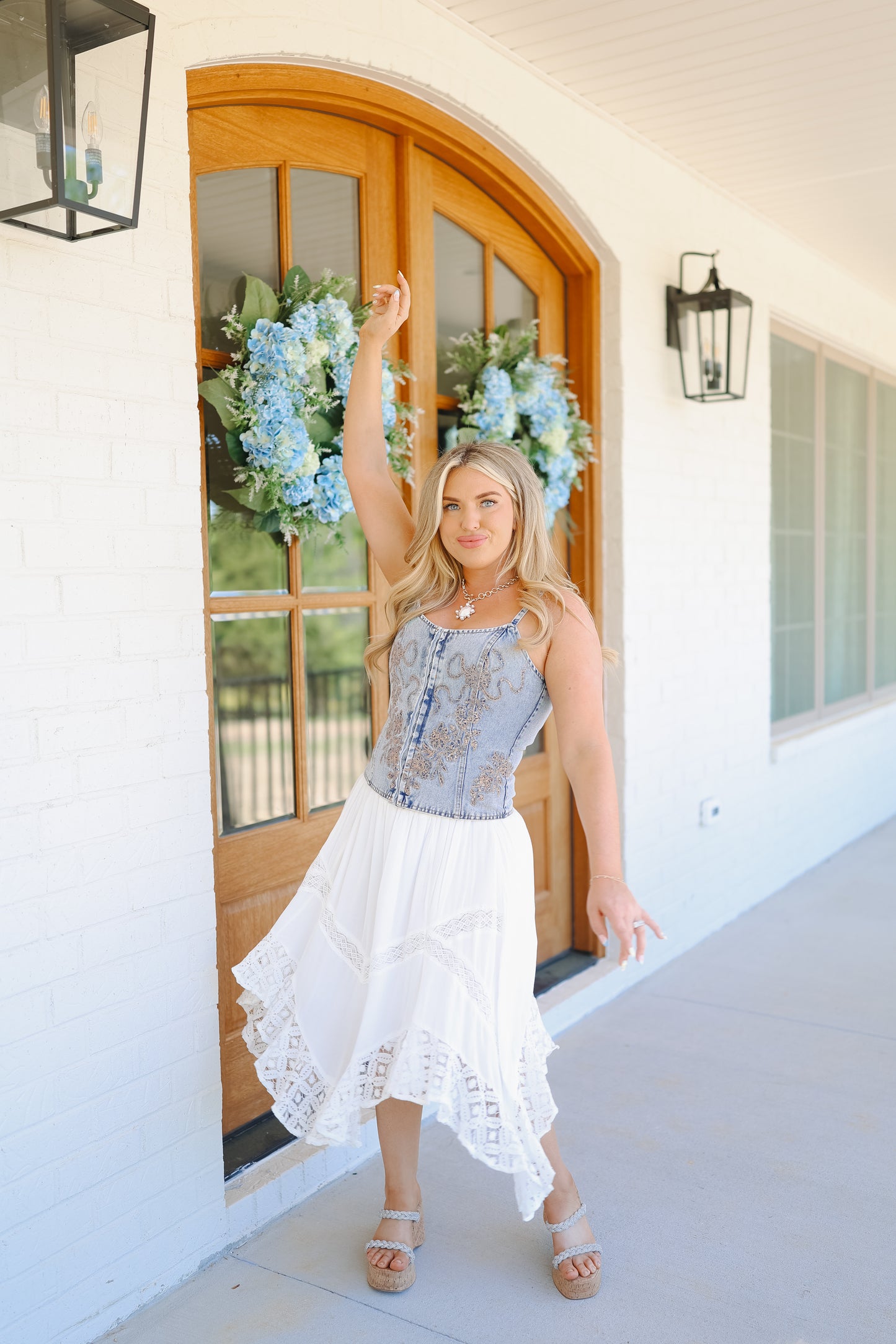 Christian Smocked Lace Hem Skirt - Off White