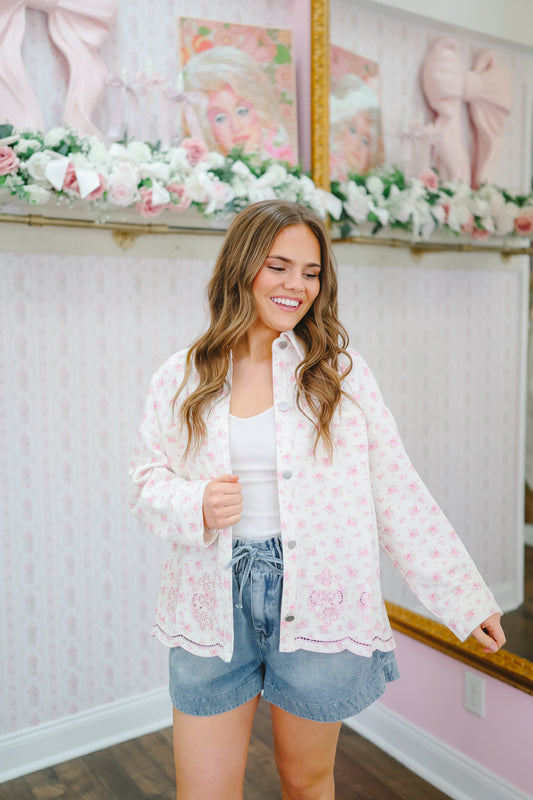 Ellis Floral Twill Scallop Hem Denim Jacket - Ivory/Pink