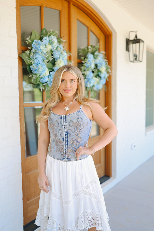 Kaden Sequin Embroidered Denim Corset Top - Light Wash