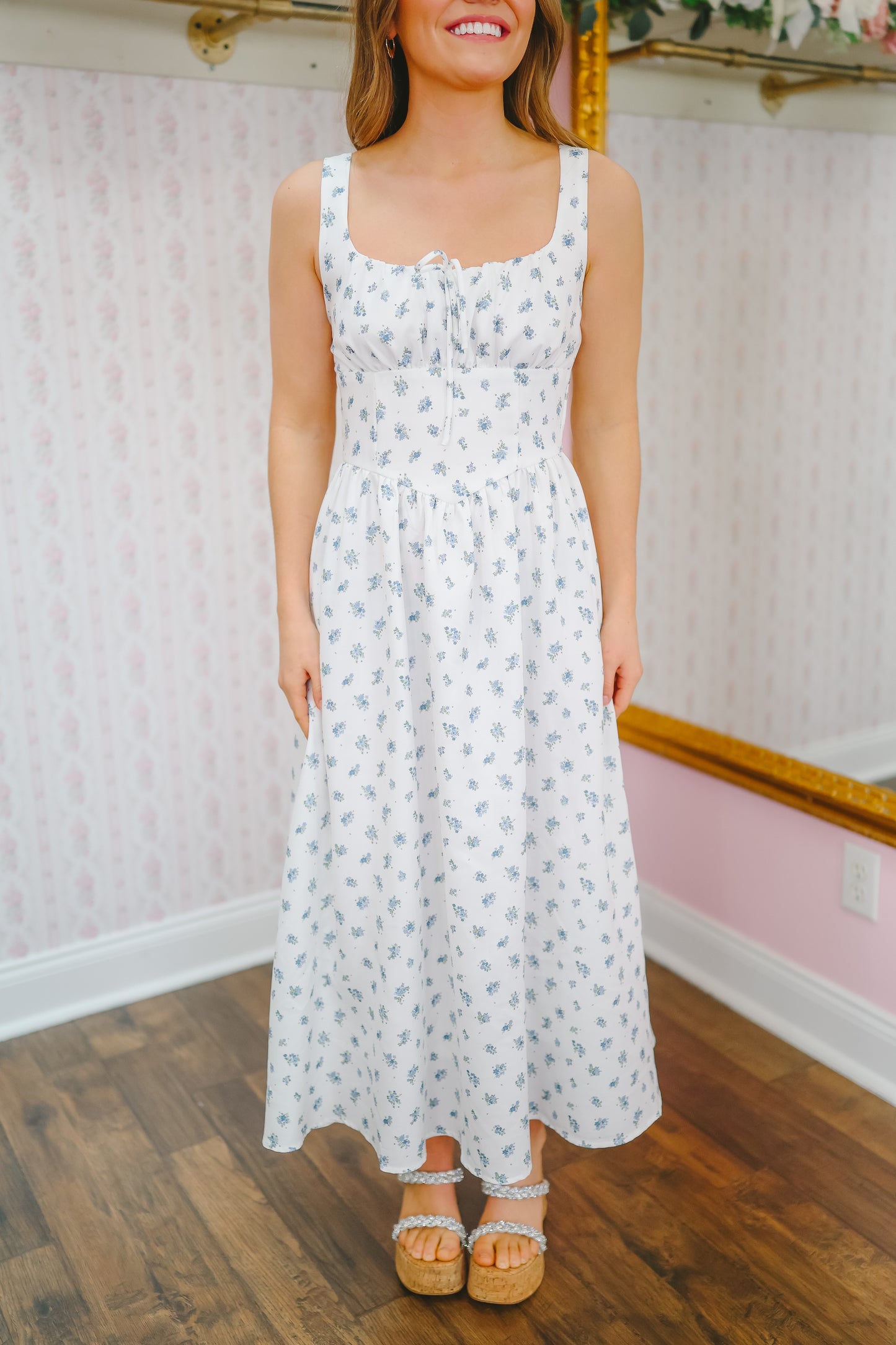 Oaklyn Floral Corset Midi Dress - Off White Multi