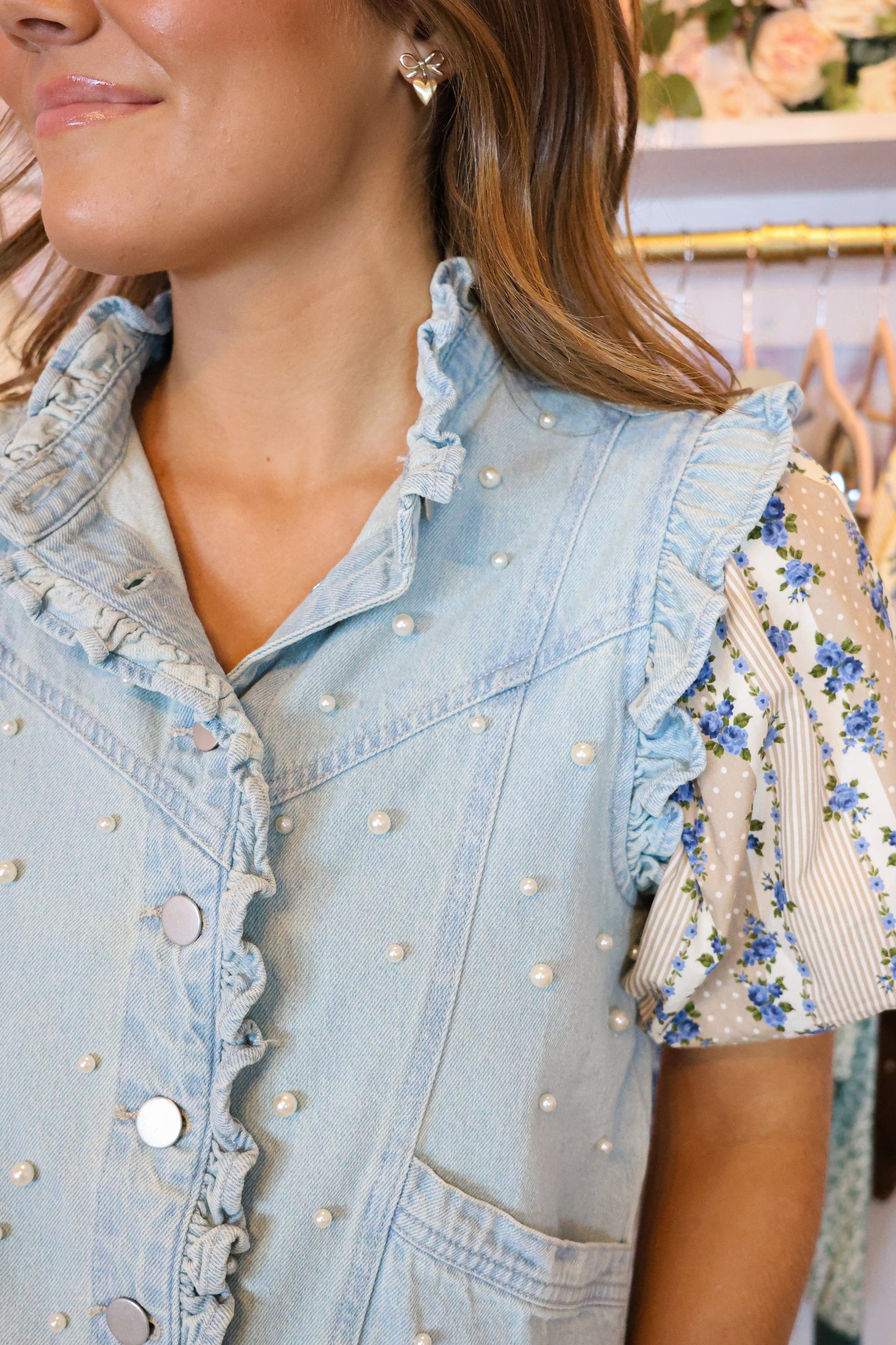 Pearl Ruffle Denim Vest - Light Wash
