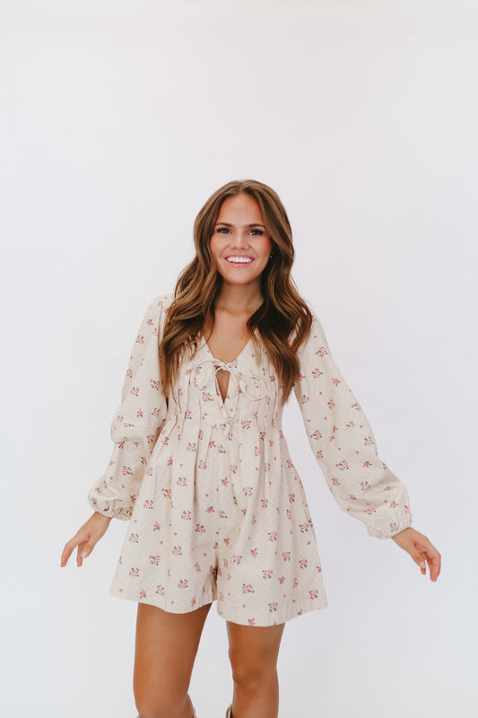 Presley Floral Denim Romper - Cream