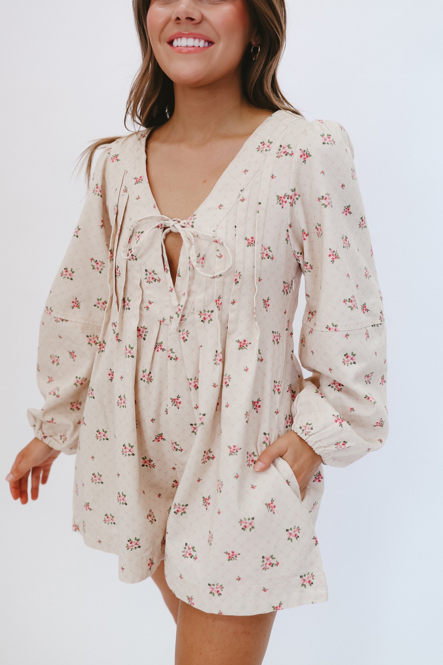 Presley Floral Denim Romper - Cream