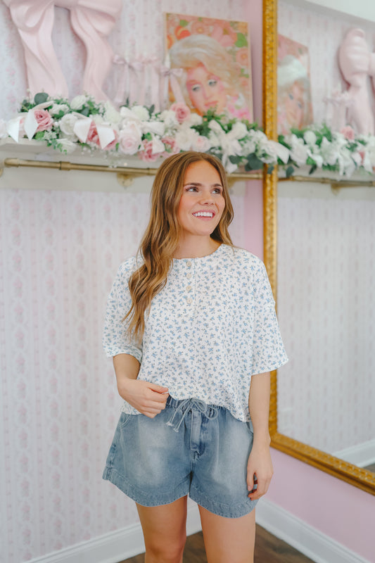 Cindy Floral Ribbed Henley Top - Blue