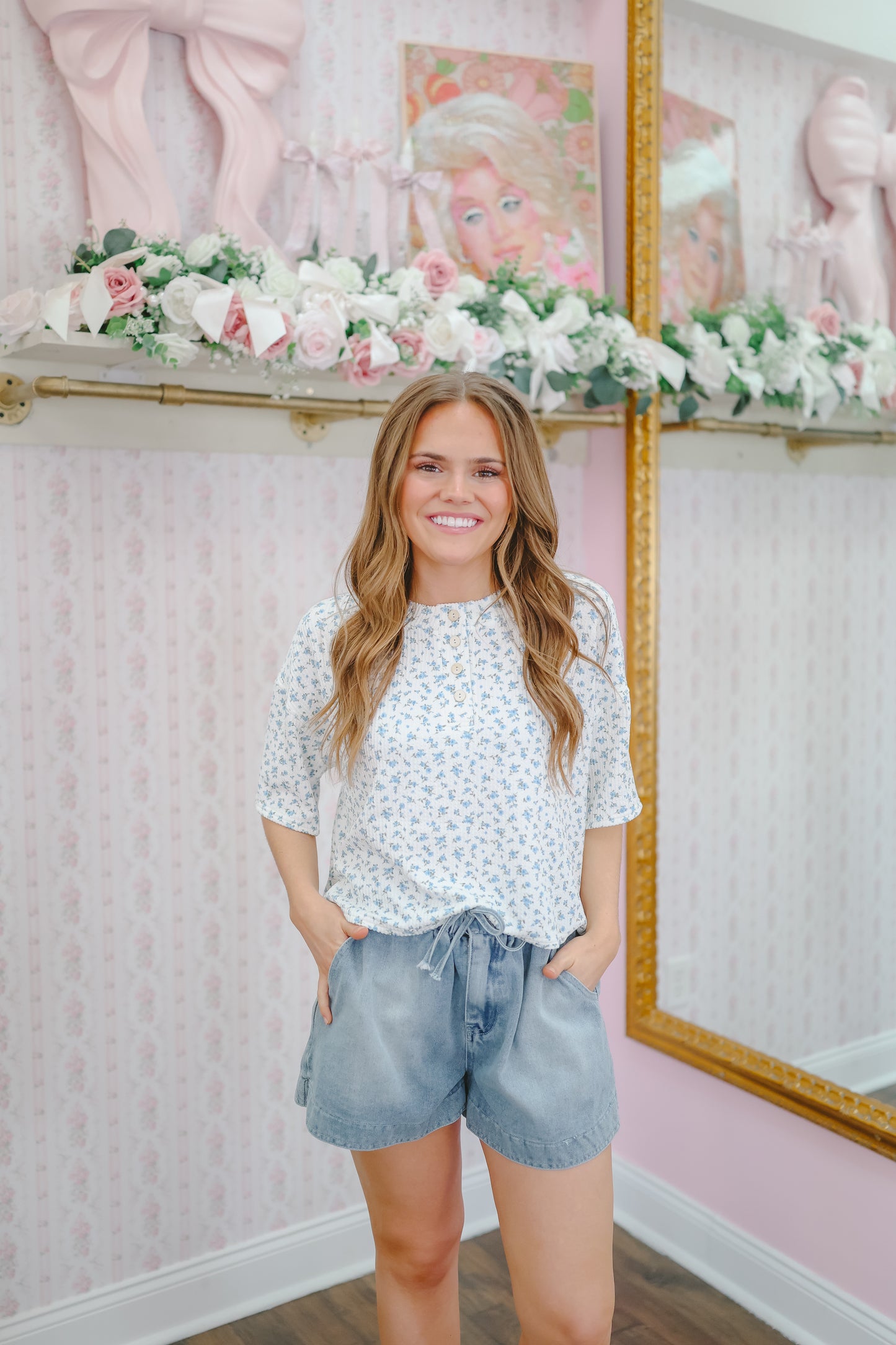 Cindy Floral Ribbed Henley Top - Blue