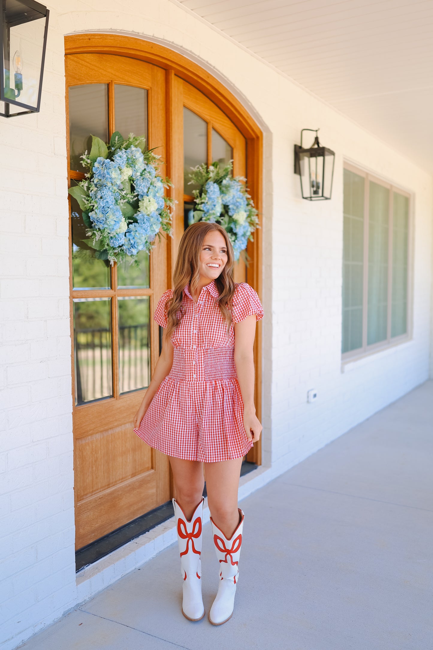 Marley Gingham Bubble Sleeve Smocked Romper - Red