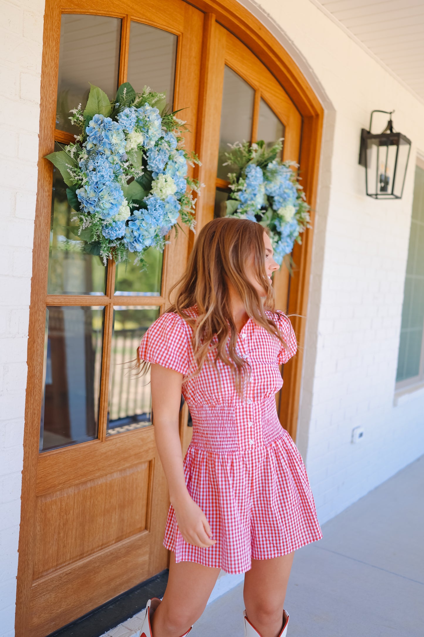 Marley Gingham Bubble Sleeve Smocked Romper - Red