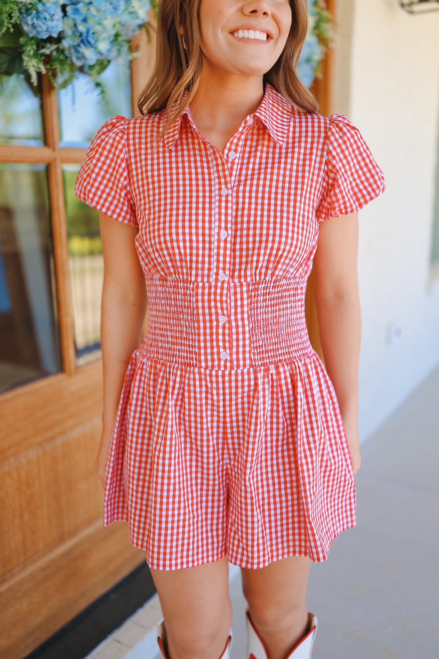 Marley Gingham Bubble Sleeve Smocked Romper - Red
