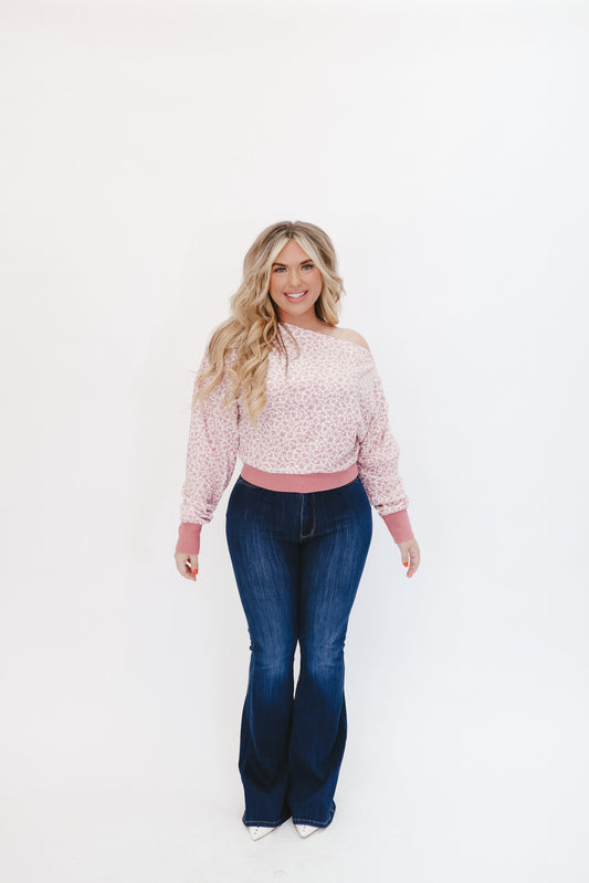 Maren Ditsy Floral Waffle Knit One Shoulder Top - Wine