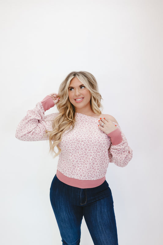 Maren Ditsy Floral Waffle Knit One Shoulder Top - Wine