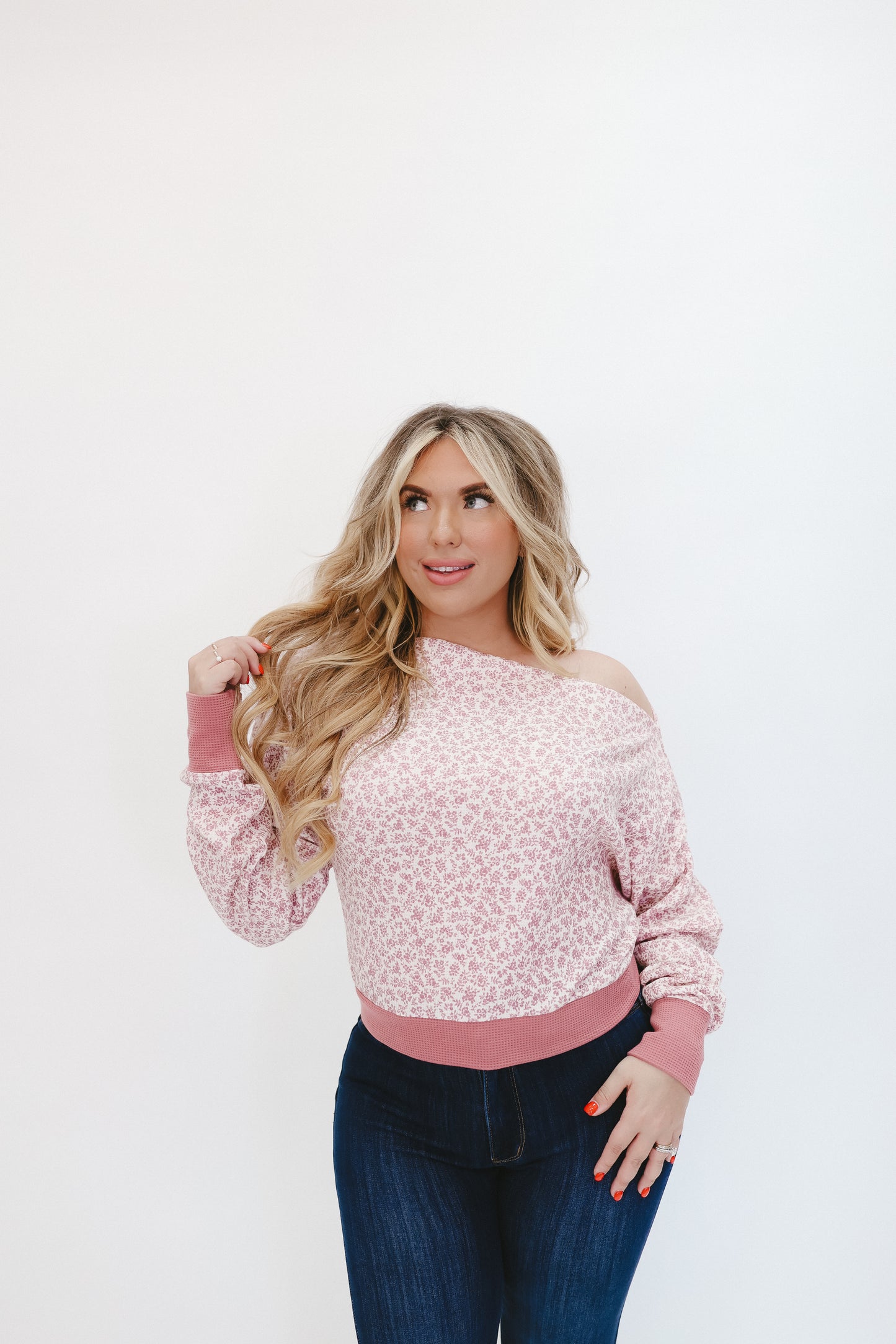 Maren Ditsy Floral Waffle Knit One Shoulder Top - Wine