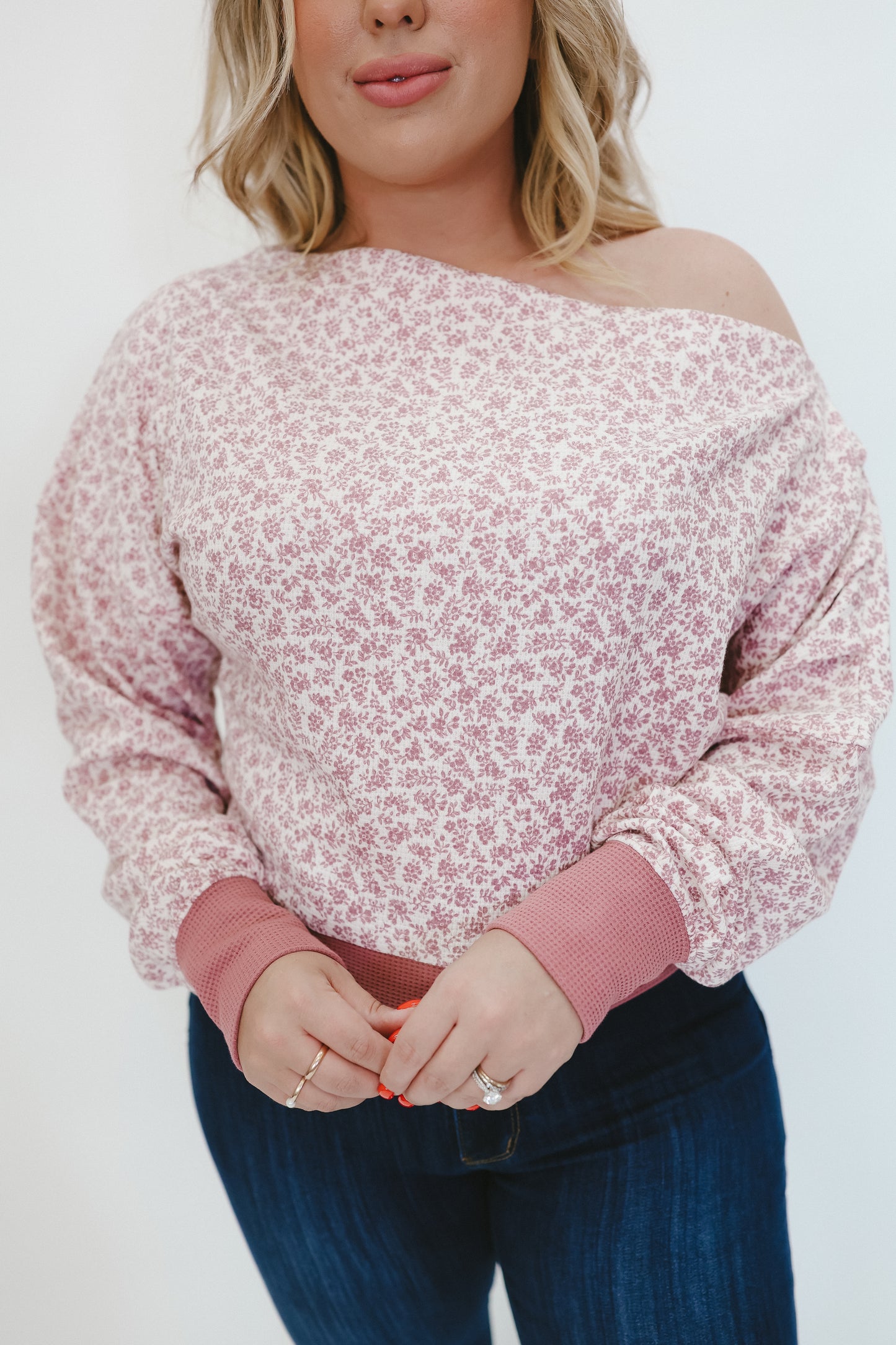 Maren Ditsy Floral Waffle Knit One Shoulder Top - Wine