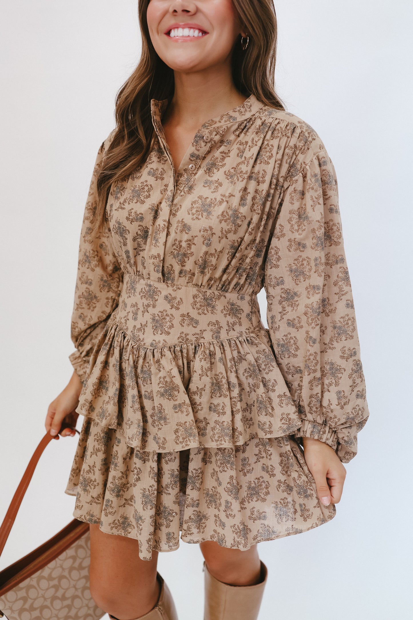 Heather Tiered Floral Mini Dress - Camel