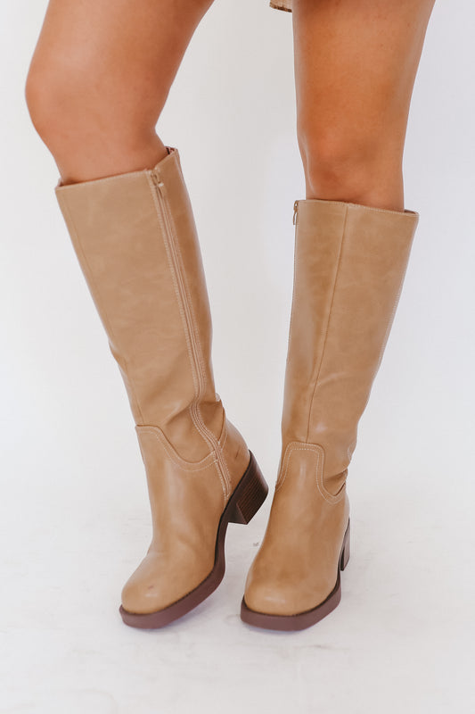 Suzie Tall Faux Leather Boots – Saddle Tan