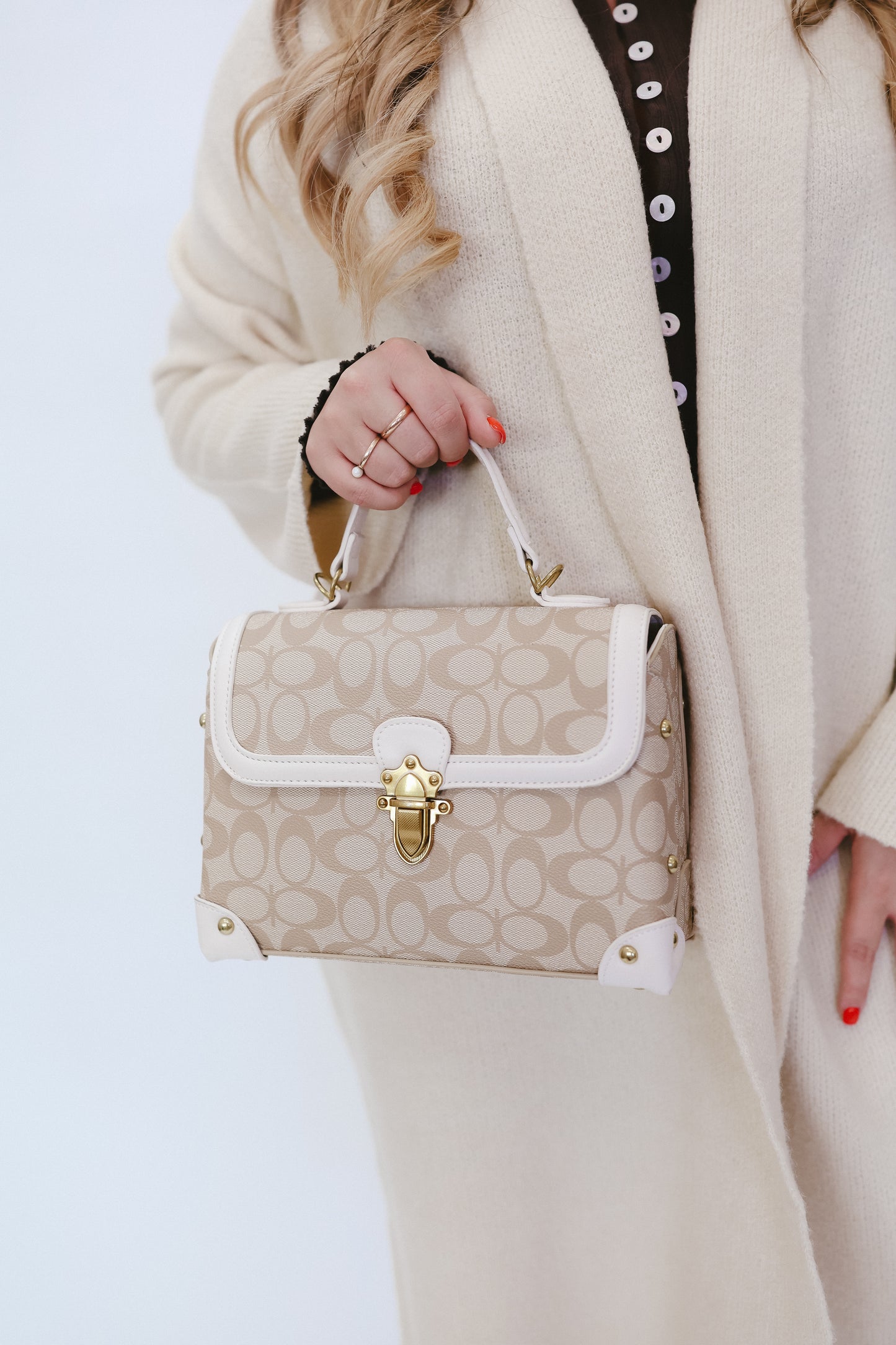 Hilary Handbag & Wallet Set - Taupe/White