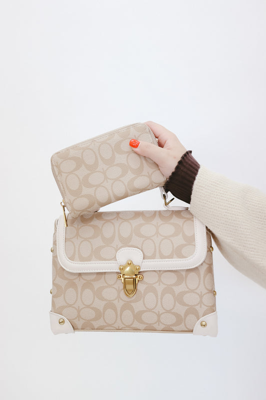 Hilary Handbag & Wallet Set - Taupe/White