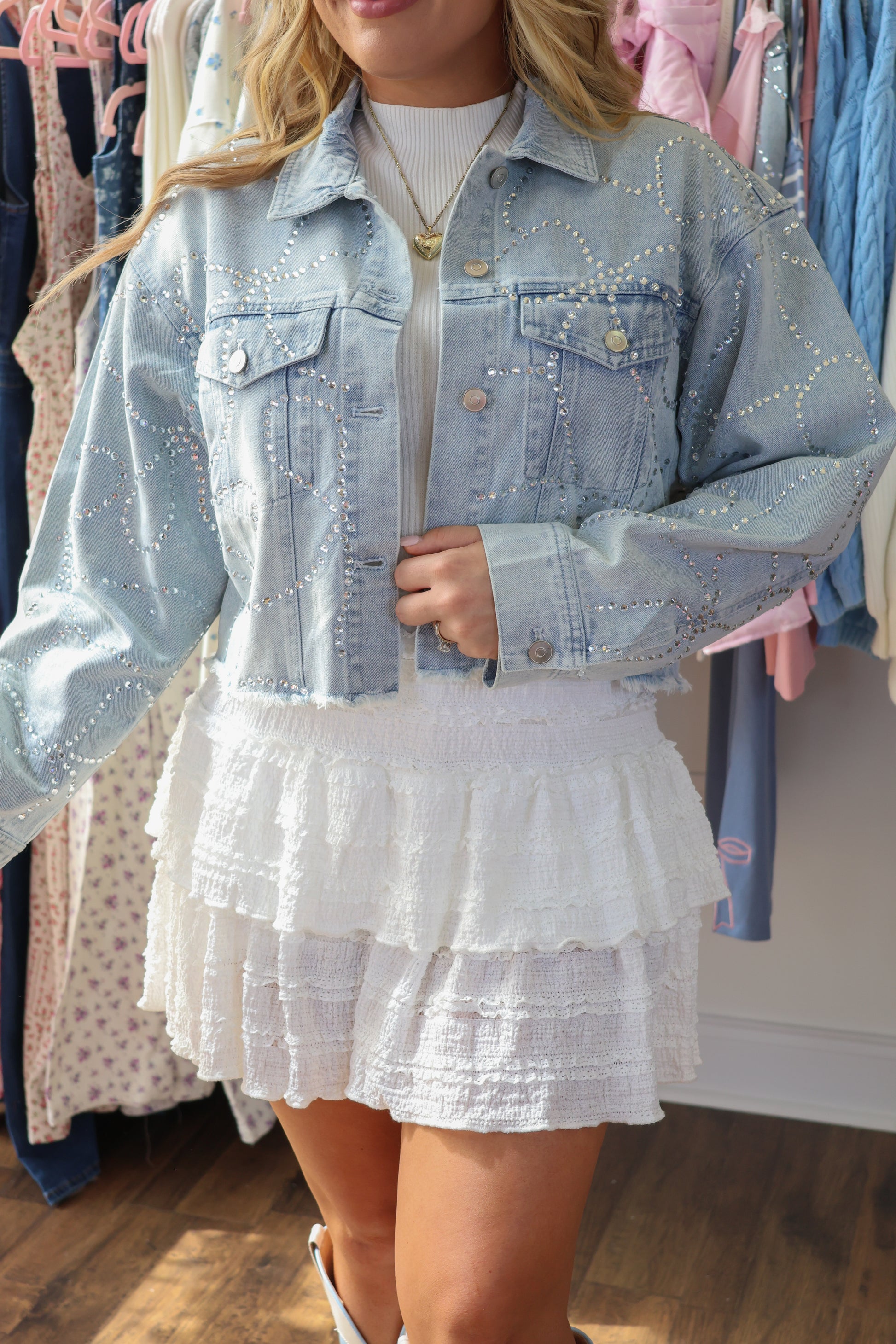 Front view of Anna Claire Rhinestone Bow Denim Jacket in light wash