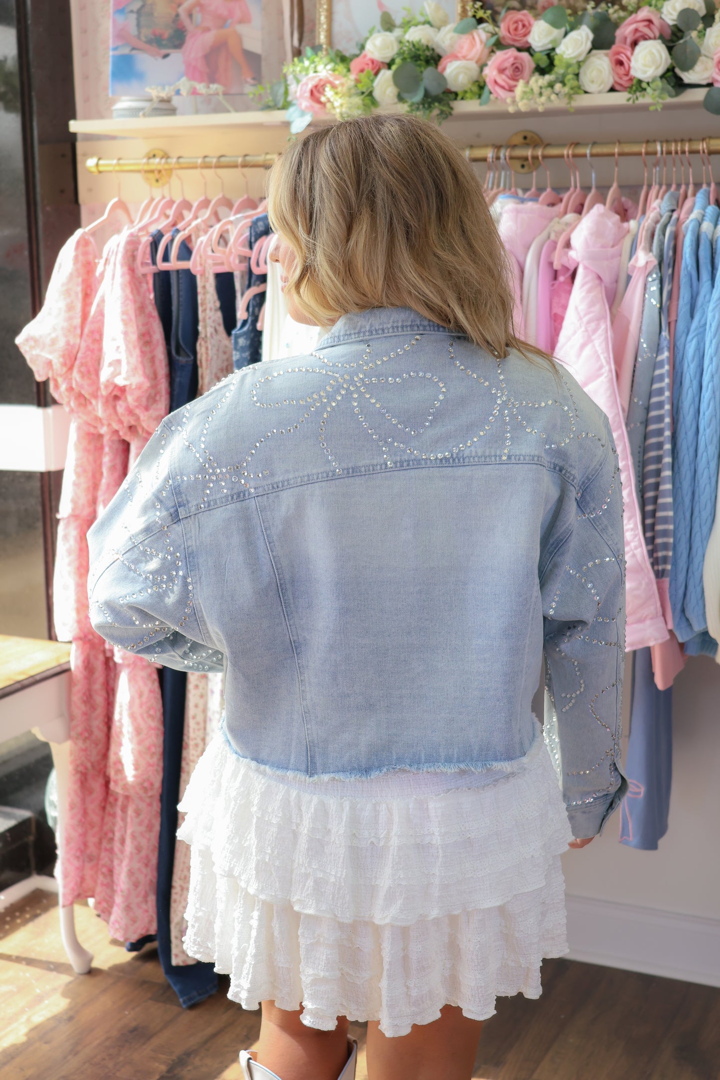 Anna Claire Rhinestone Bow Pattern Denim Jacket - Light Wash