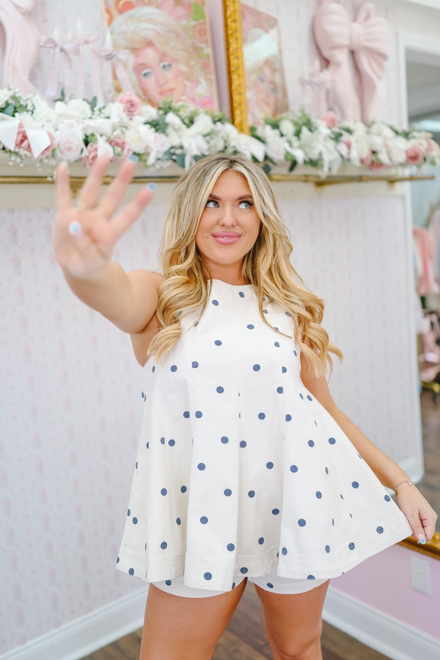 Hayes Polka Dot Twill Denim Flare Top & Shorts Set - Cream/Navy