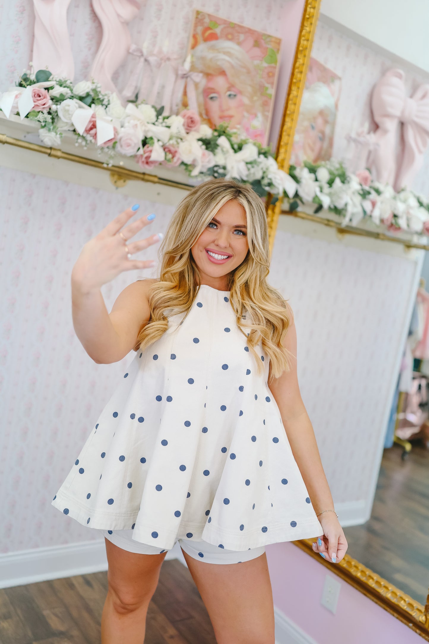 Hayes Polka Dot Twill Denim Flare Top & Shorts Set - Cream/Navy