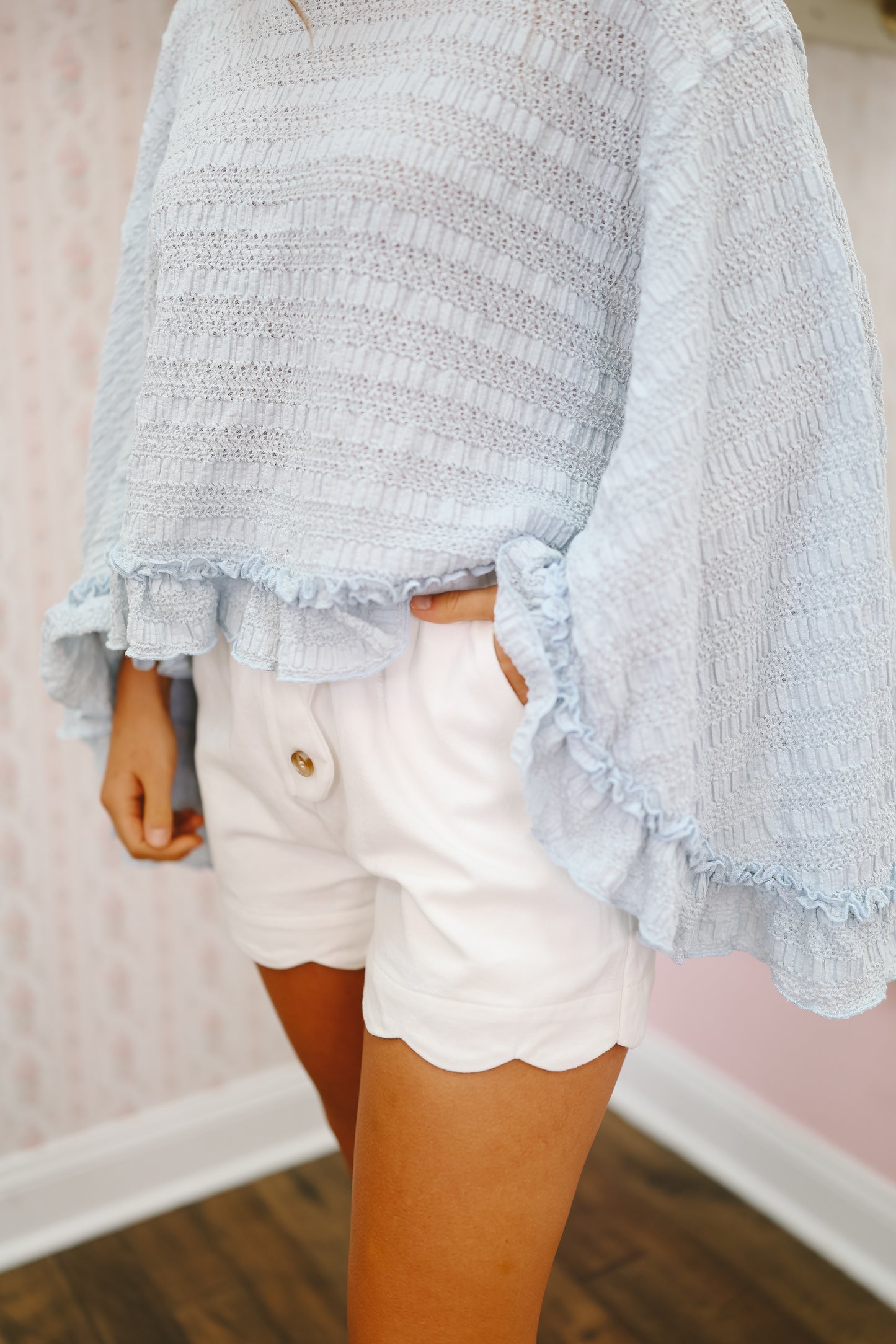 Brittany Batwing Sleeve Ruffle Hem Top - Light Blue