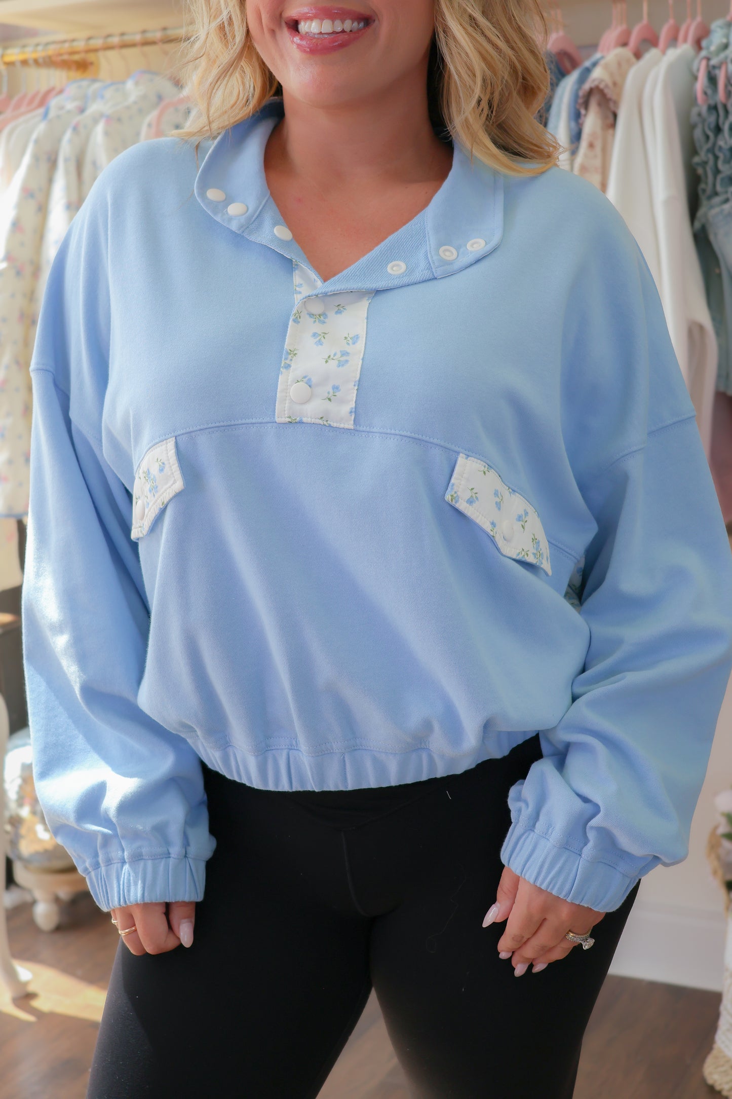 Florence Ditsy Floral Snap Button Sweatshirt - Blue