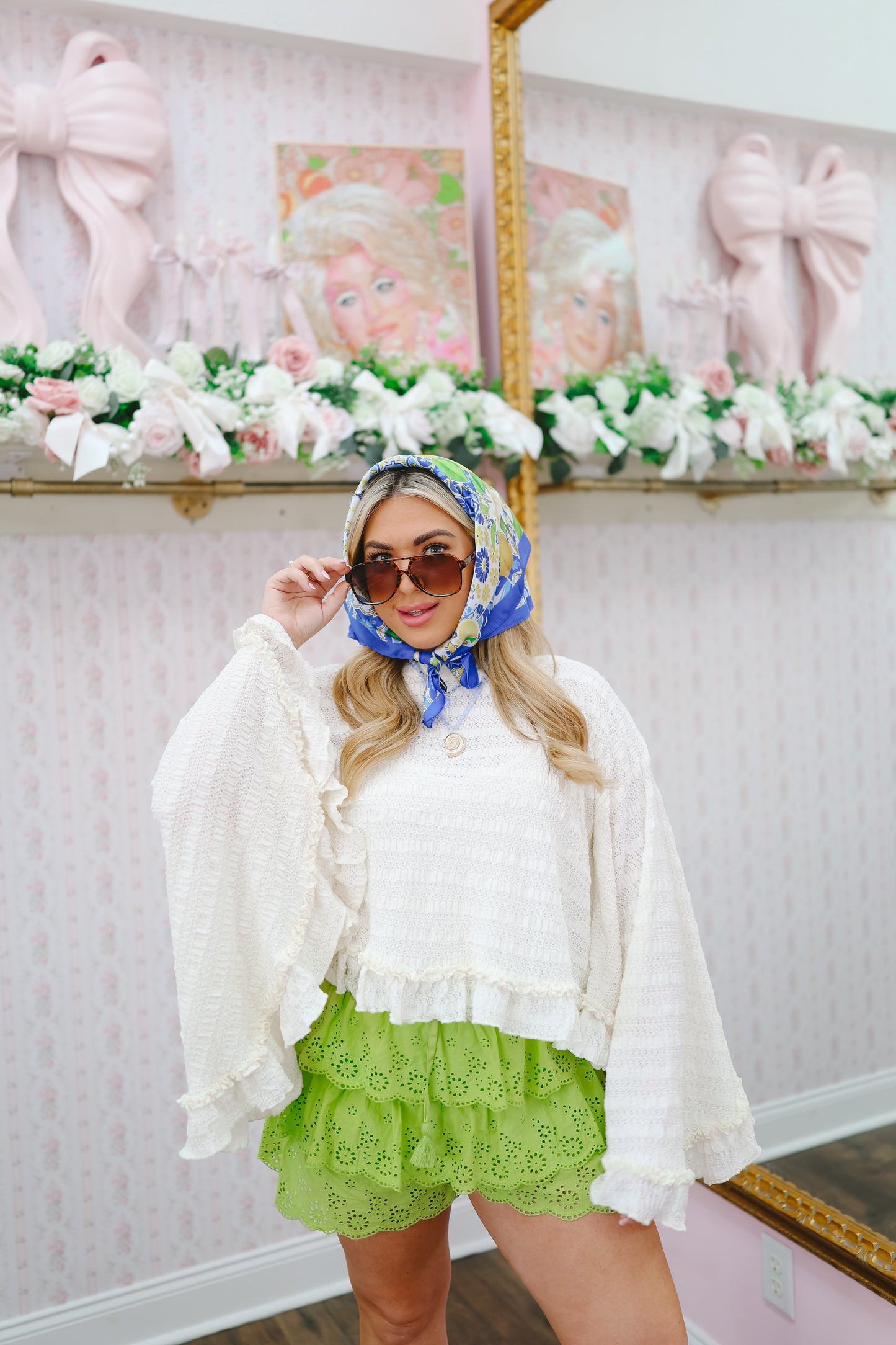 Ella Eyelet Ruffle Shorts - Pear