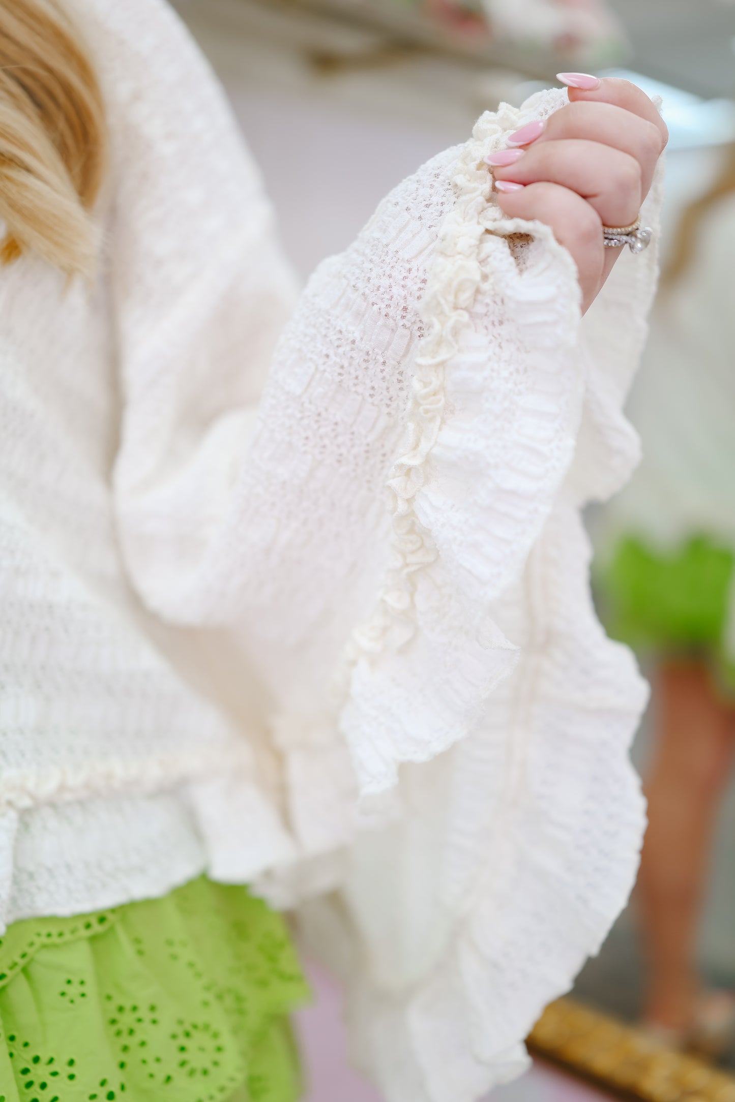 Brittany Batwing Sleeve Ruffle Hem Top - Cream