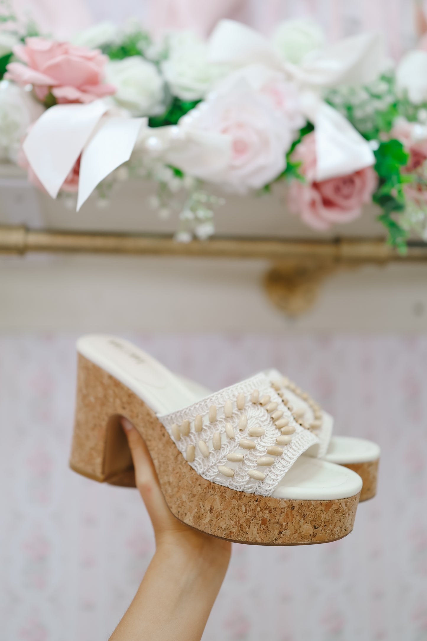 Marina Crochet Bead & Cork Platform Sandals - Ivory
