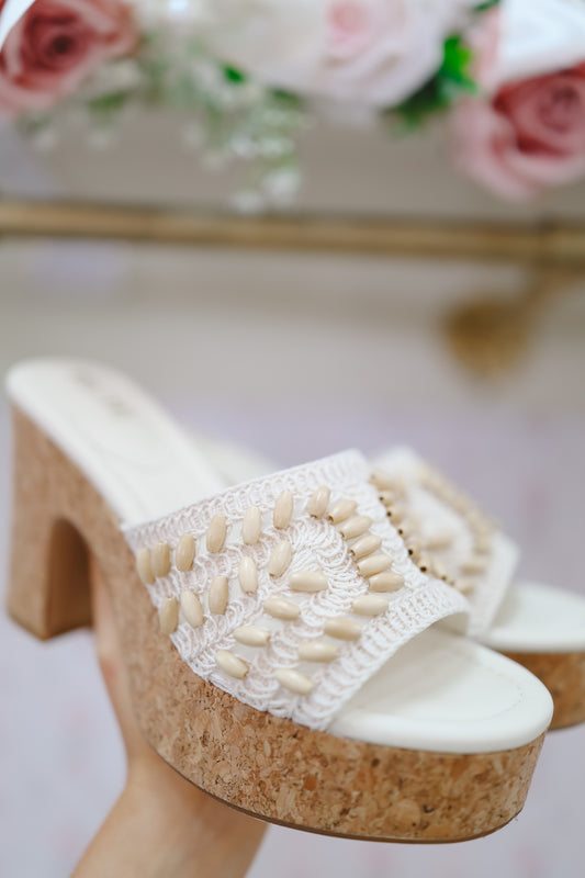 Marina Crochet Bead & Cork Platform Sandals - Ivory