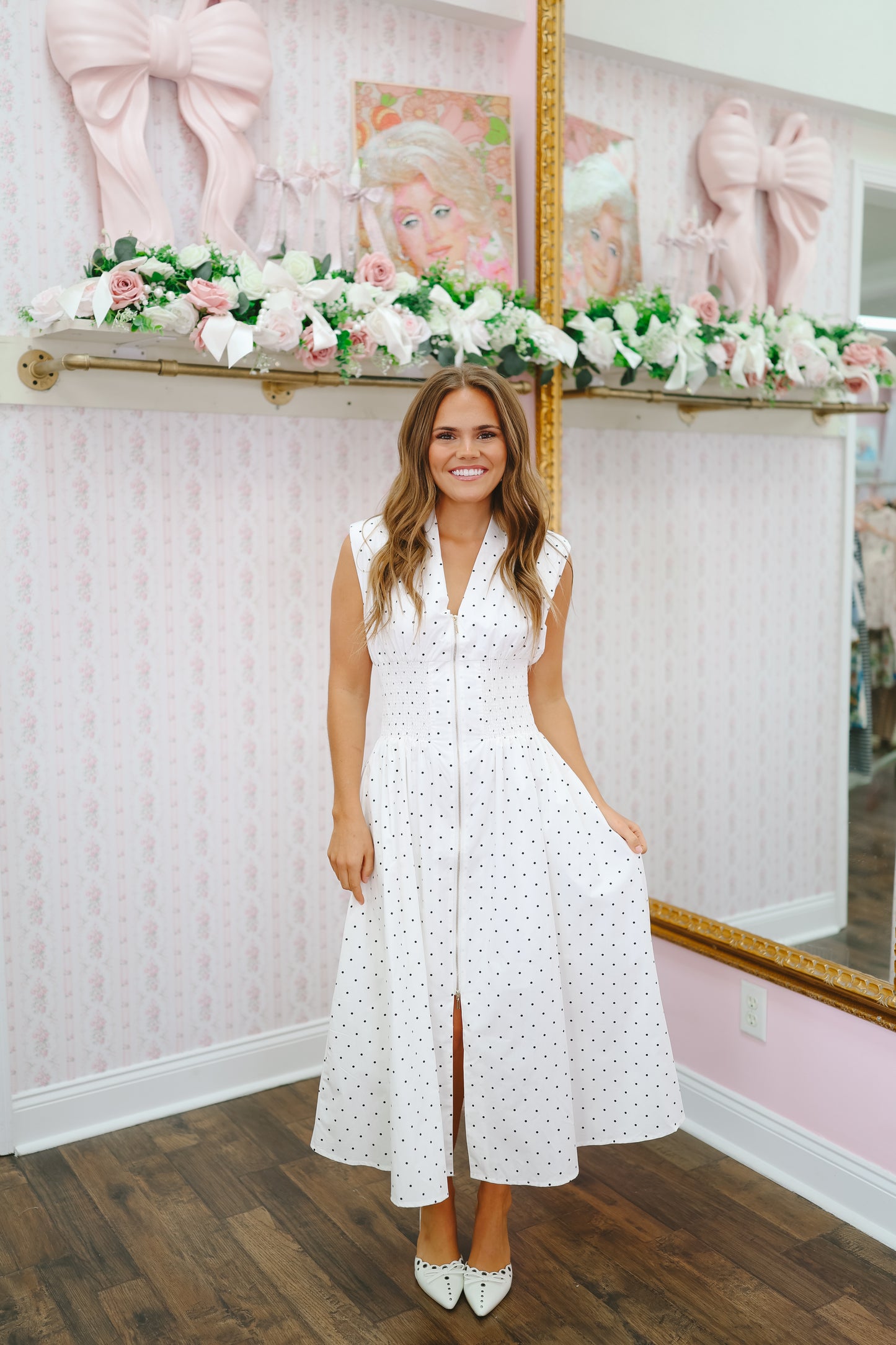 Aden Polka Dot V-Neck Smocked Zip Midi Dress - Off White/Black