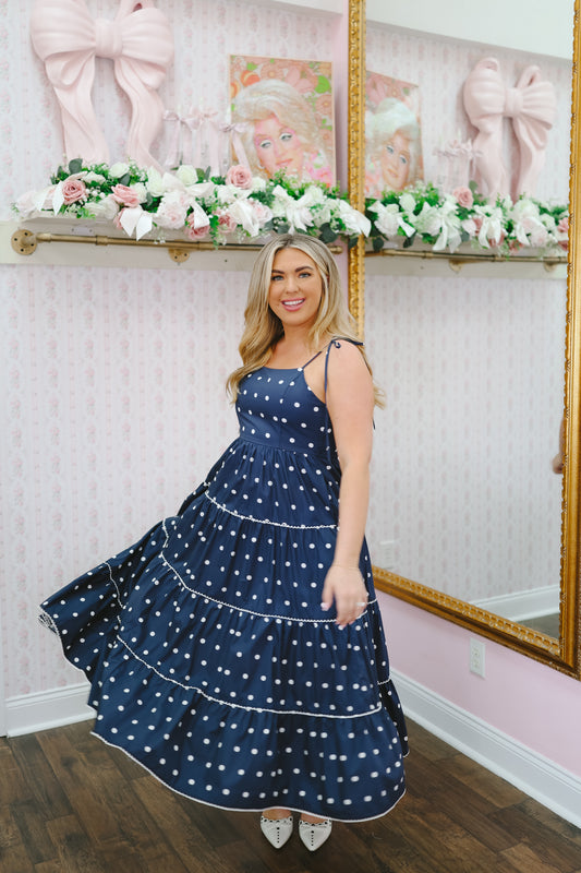 Kyler Polka Dot Print Smocked Maxi - Navy