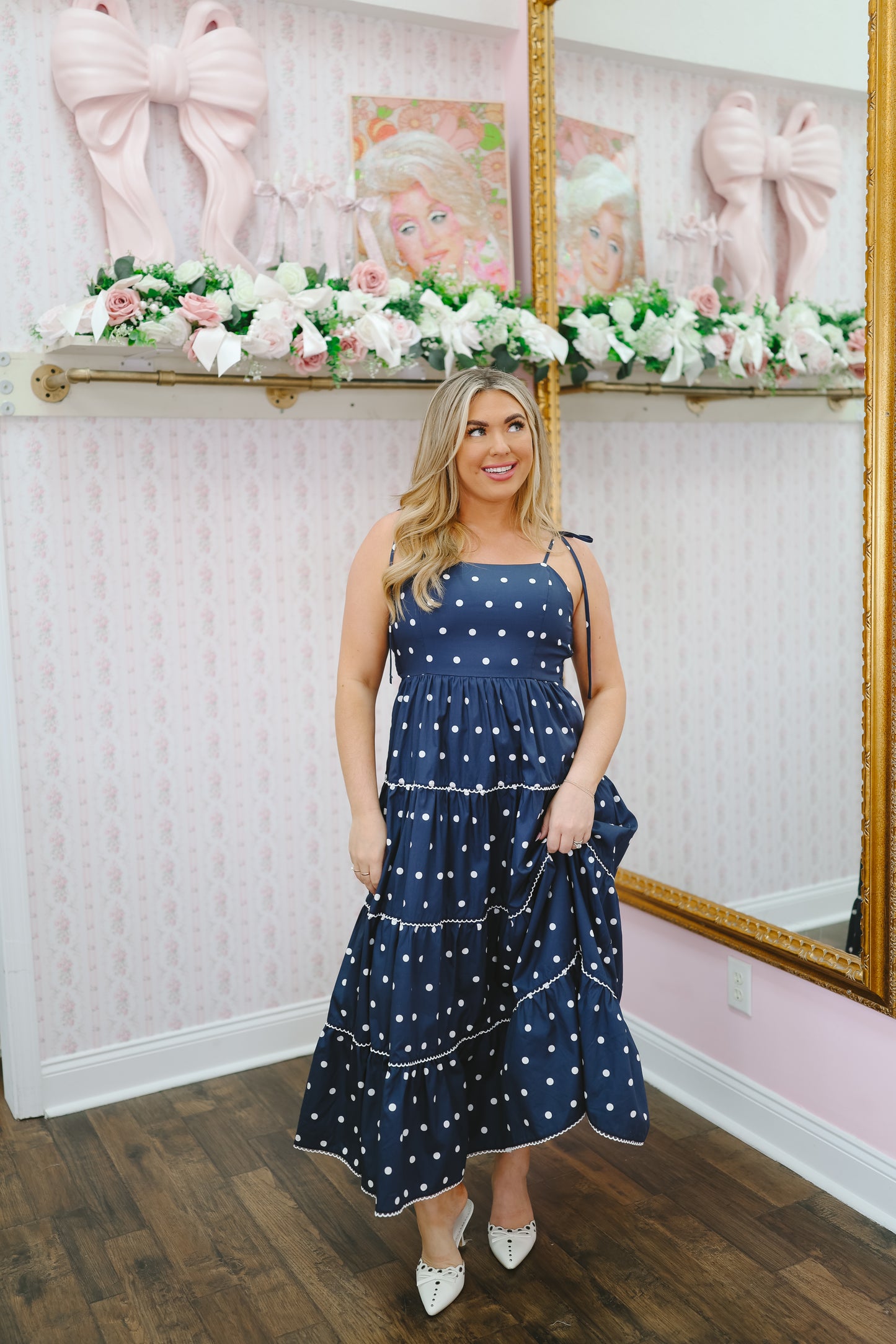 Kyler Polka Dot Print Smocked Maxi - Navy