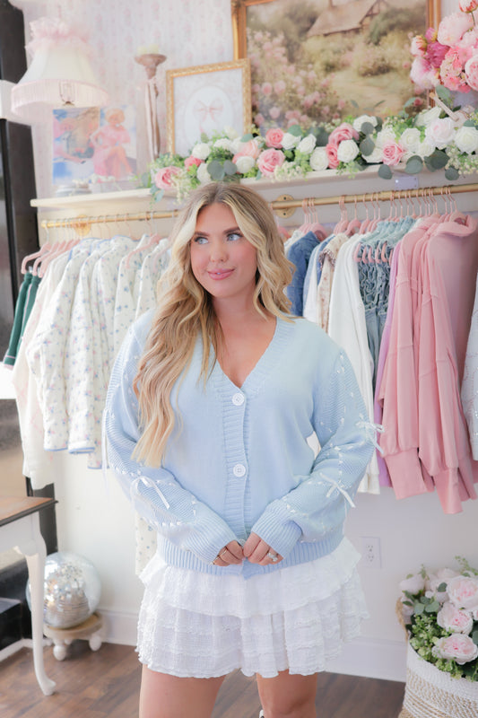 Lila V-Neck Ribbon Sewn Sleeve Cardigan - Light Blue