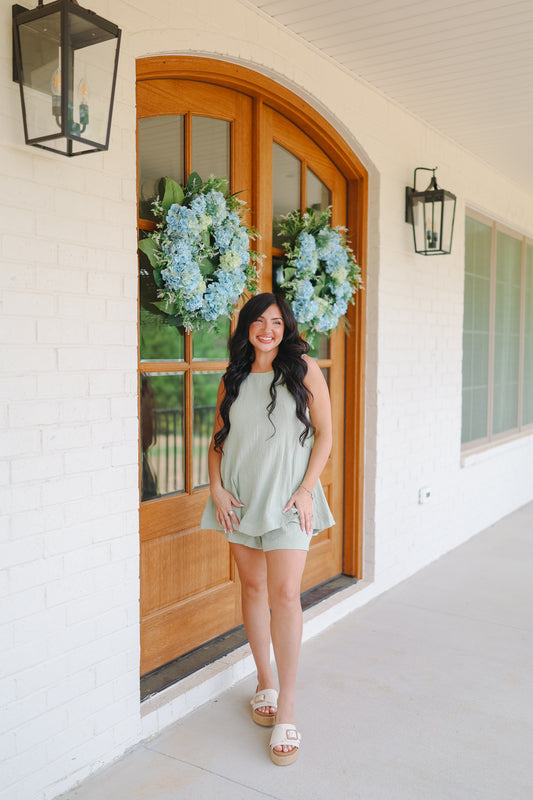 Aidan Babydoll Tank & Smocked Short Set - Sage