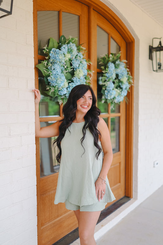 Aidan Babydoll Tank & Smocked Short Set - Sage