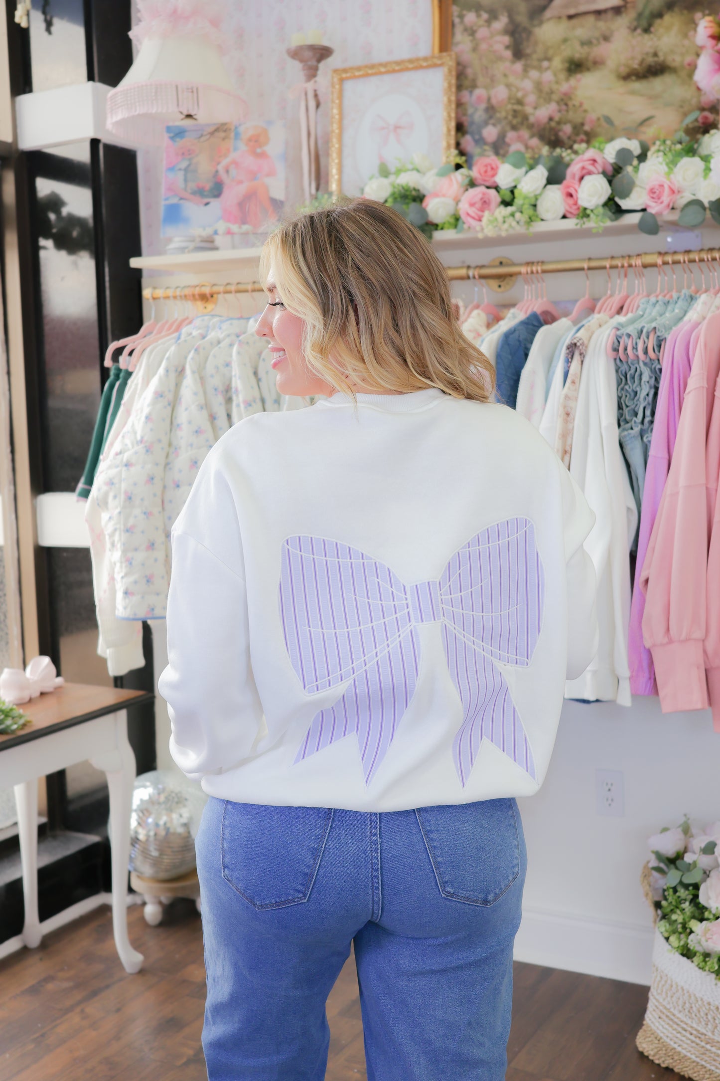 Elodie Striped Bow Patch Sweatshirt - White/Blue