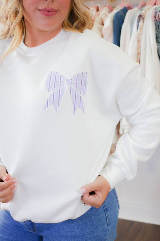 Elodie Striped Bow Patch Sweatshirt - White/Blue