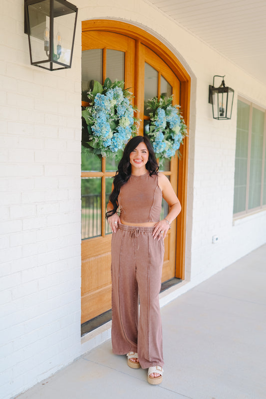 Tia Mineral Washed Tank & Pants Set - Chocolate Brown