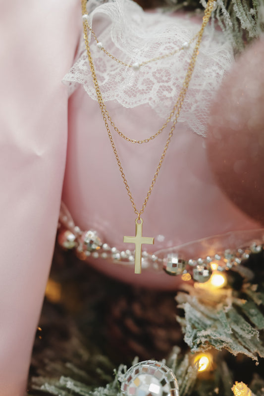 Tonya Pearl Layered Cross Necklace - Gold