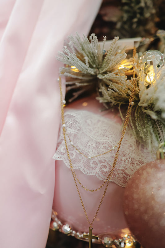 Tonya Pearl Layered Cross Necklace - Gold