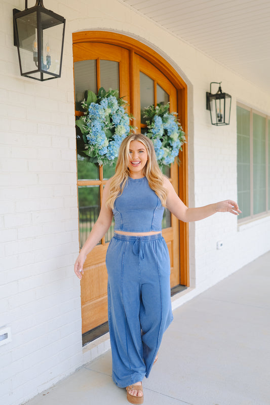 Tia Mineral Washed Tank & Pants Set - Navy