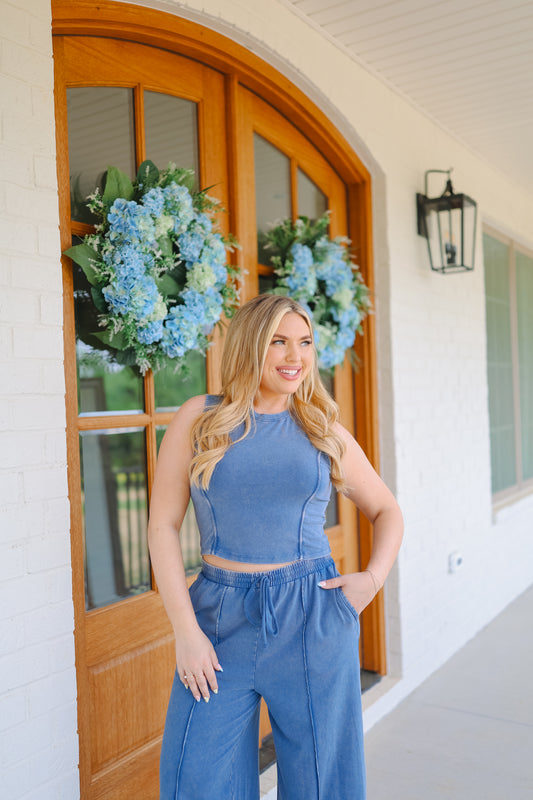 Tia Mineral Washed Tank & Pants Set - Navy