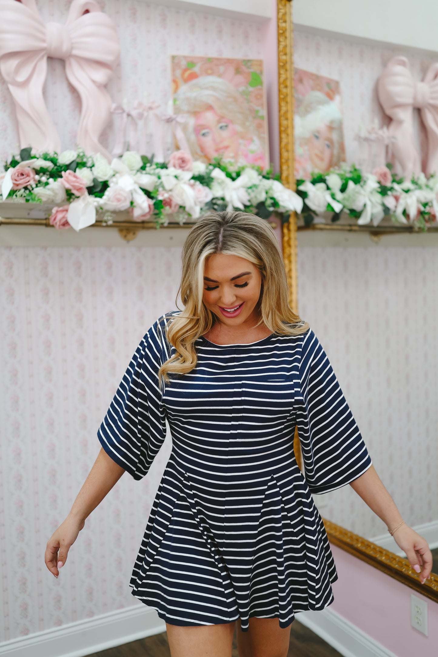 Sarah Striped Front Pocket Romper - Navy