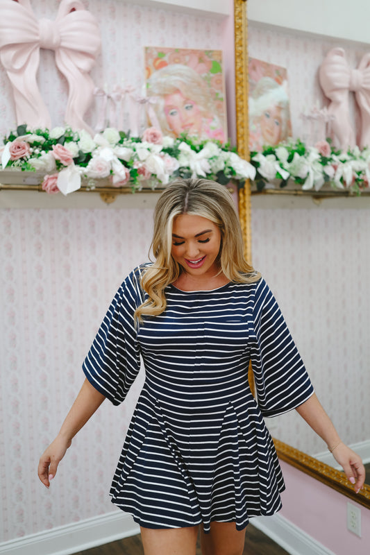 Sarah Striped Front Pocket Romper - Navy